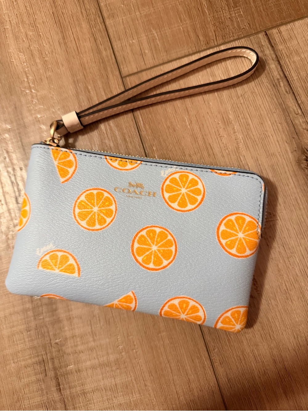 Coach Light Blue Wristlet with Orange Slice Print